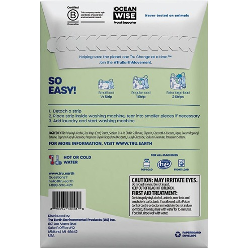 Back packaging of eco-friendly fragrance free laundry detergent strips with usage instructions and safety warnings in cleaning supplies collection