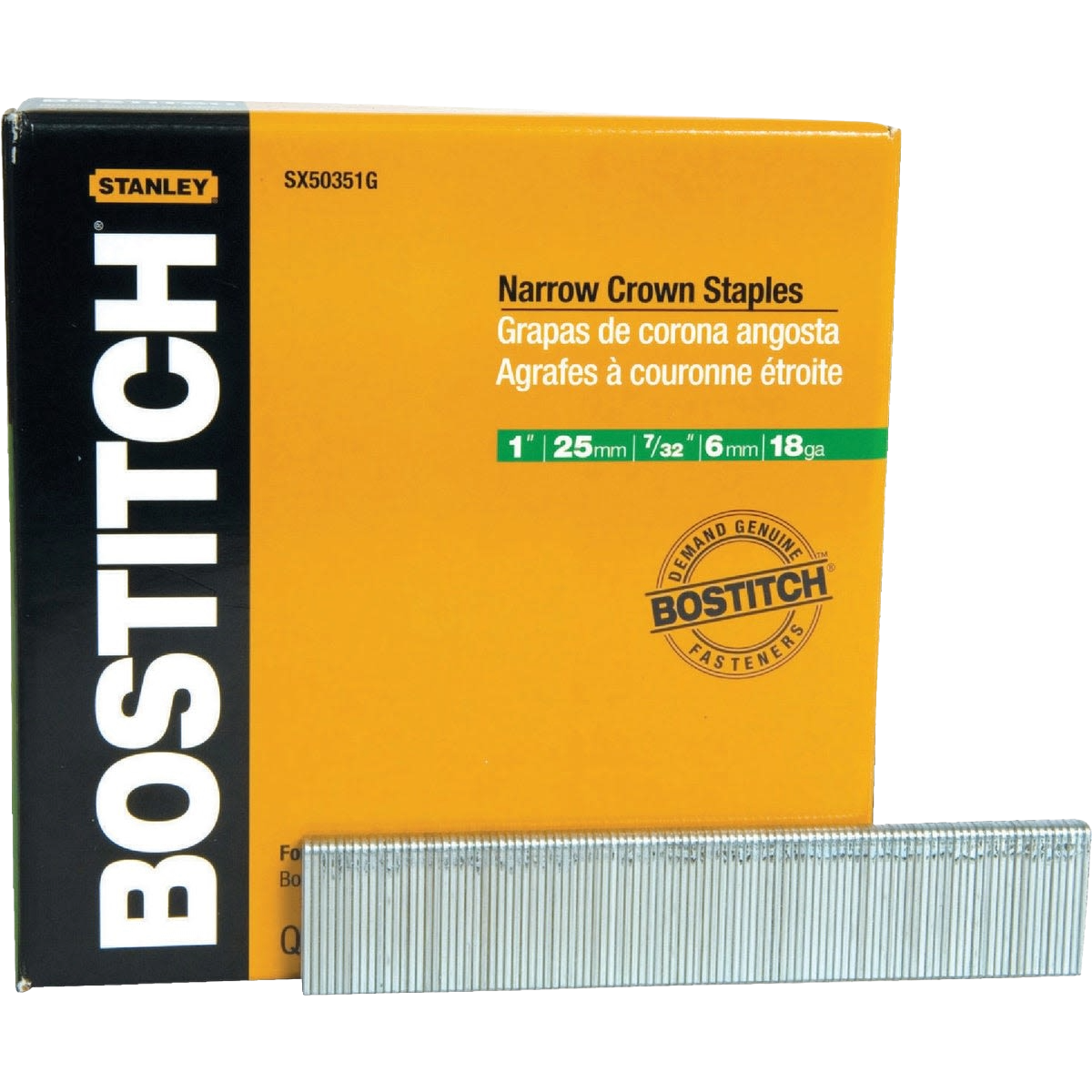 Box of Bostitch narrow crown finish staples with 1 inch length and a strip of silver metal staples in front in Hardware category