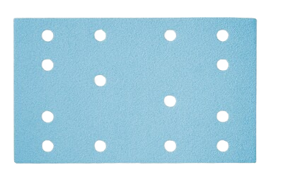 Blue sheet abrasive with evenly spaced holes for dust extraction in tools and home improvement projects