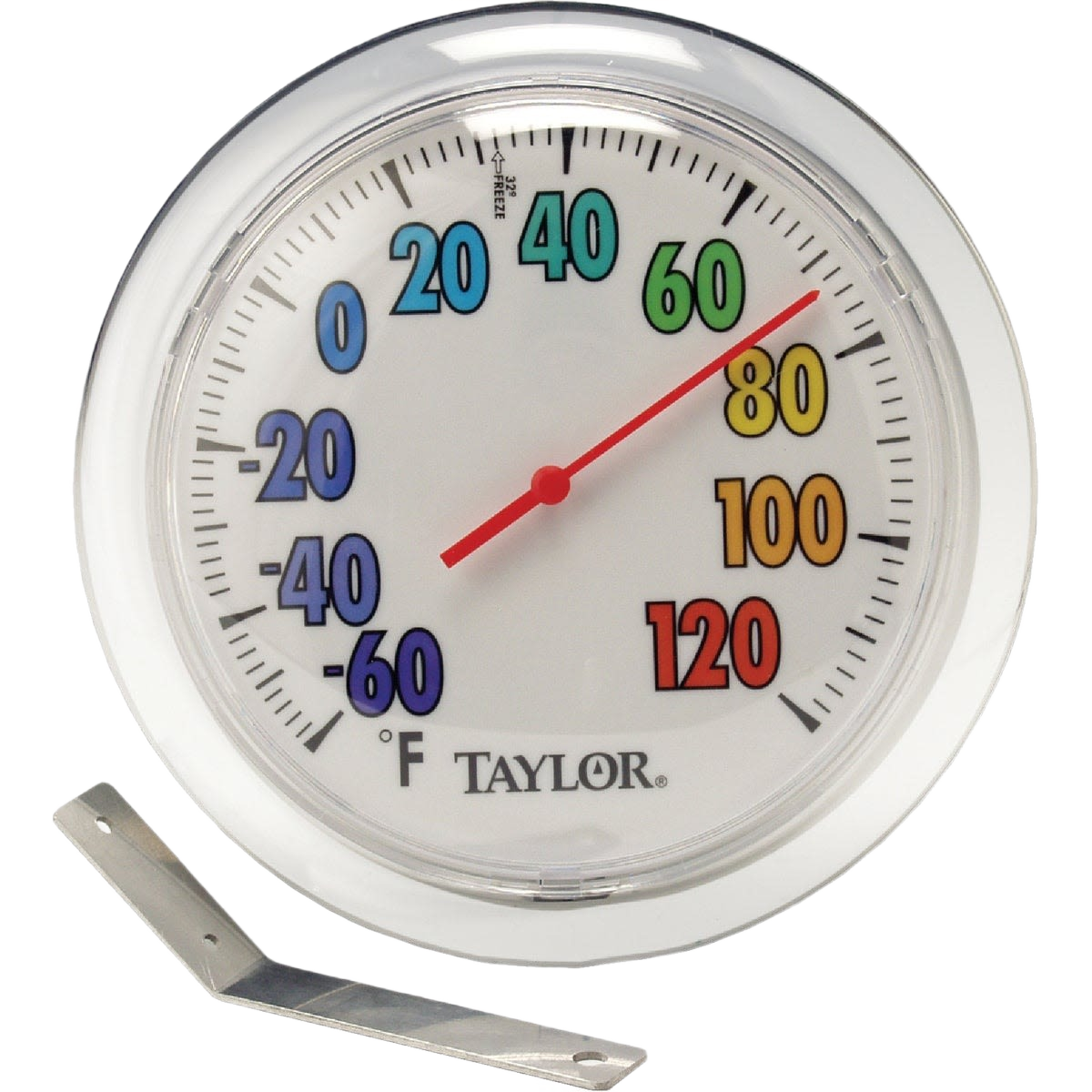 Round outdoor dial thermometer with colorful temperature markings and mounting bracket in Weather Stations collection under $50
