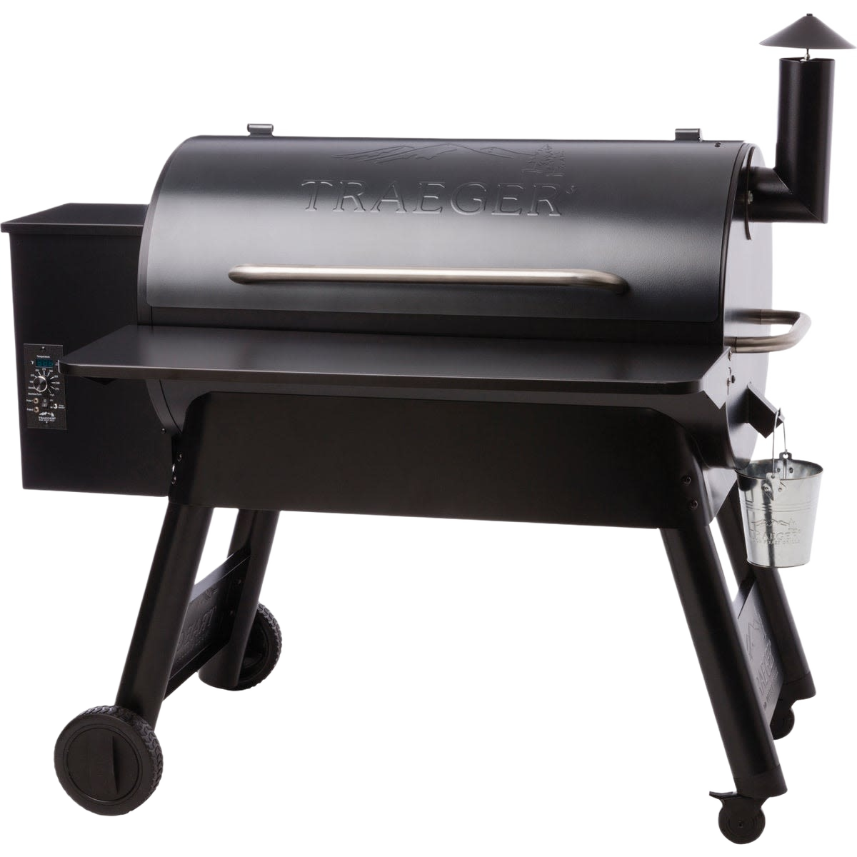 Black steel Traeger pellet grill with folding front shelf, chimney vent, and wheels for outdoor cooking and home improvement