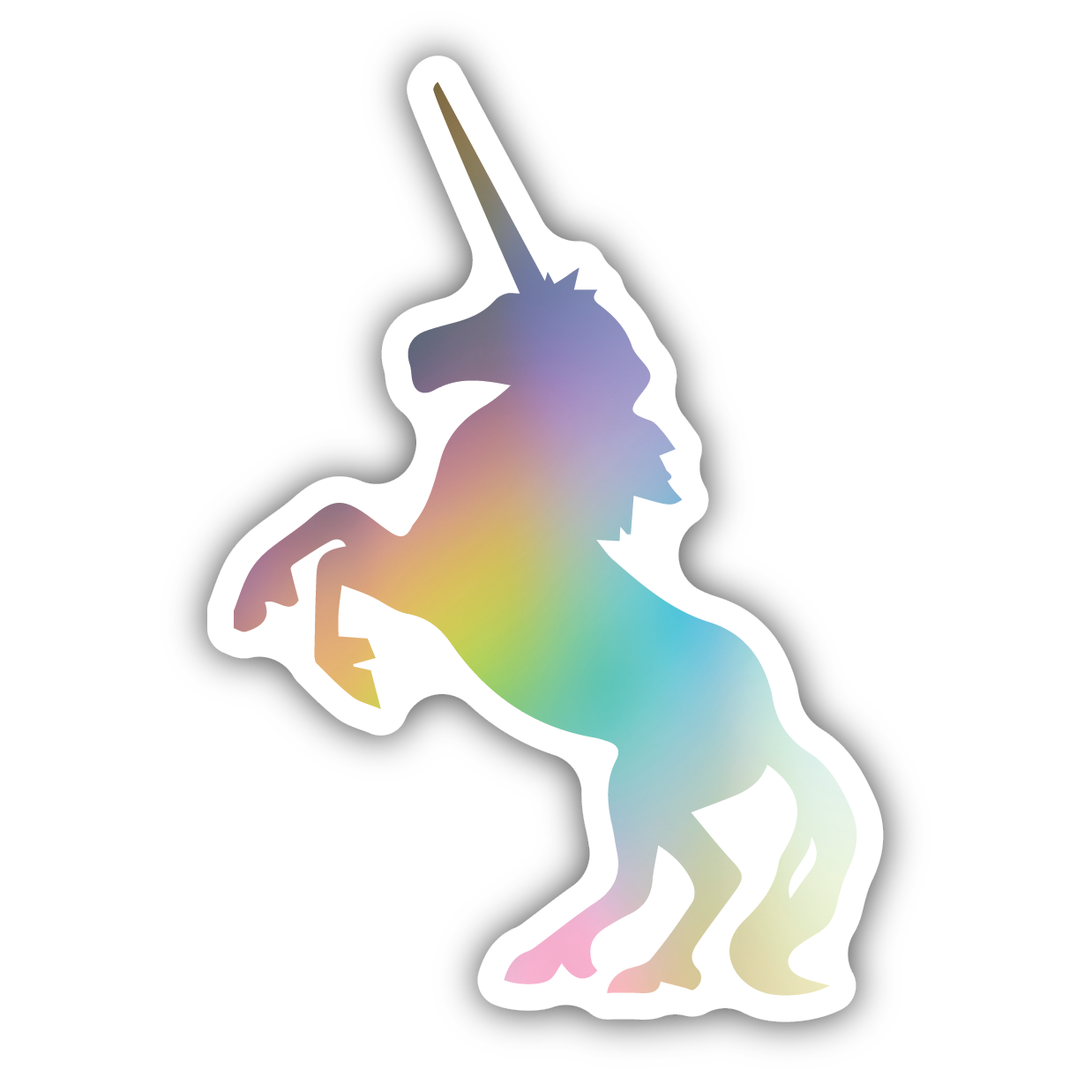 Rainbow gradient unicorn silhouette sticker with a white border for decorative use on personal items