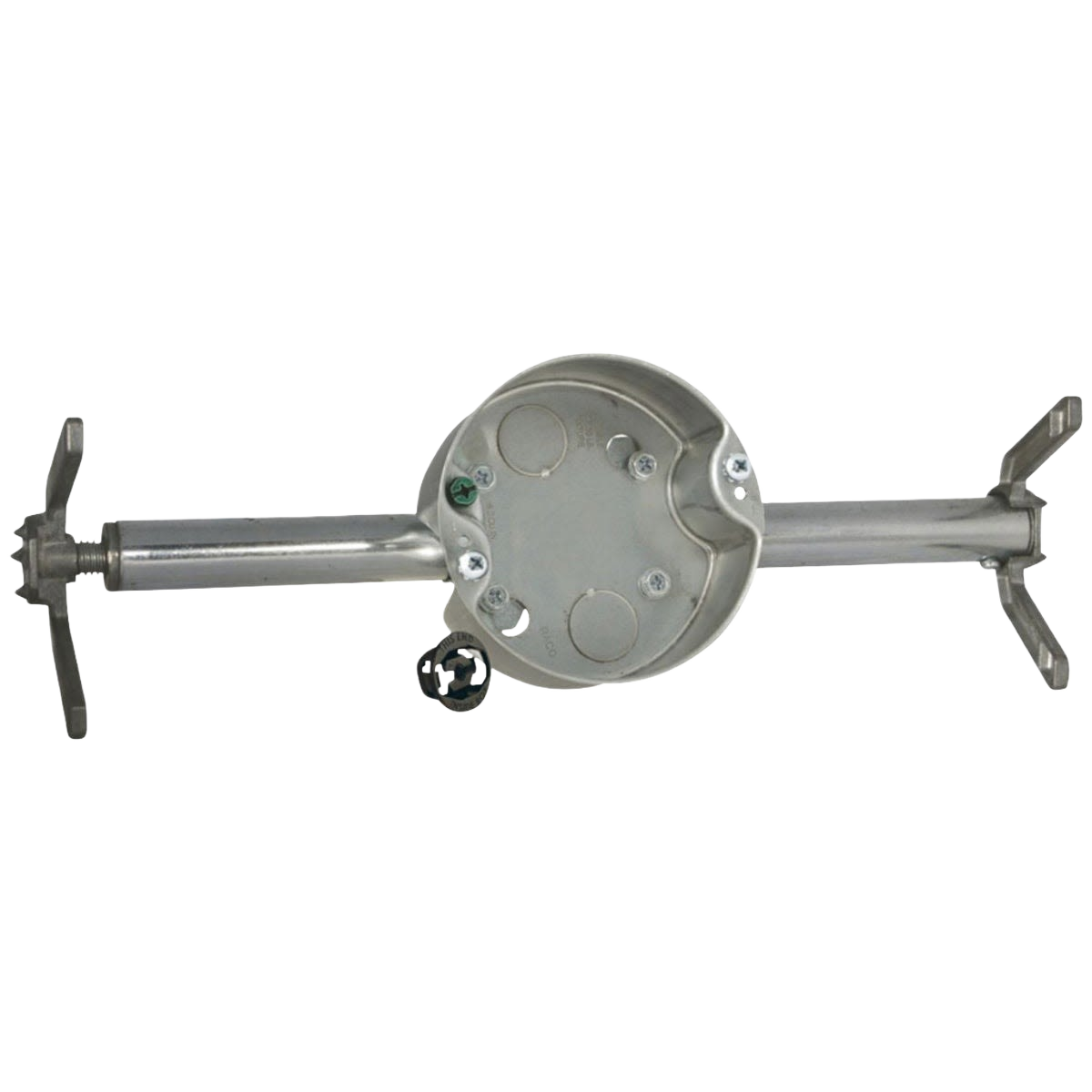 Metal retrofit ceiling fan box with adjustable arms and mounting brackets for home improvement projects