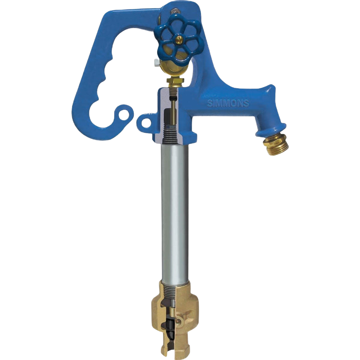 Blue and brass frost-proof yard hydrant with ergonomic handle for outdoor plumbing and home improvement projects