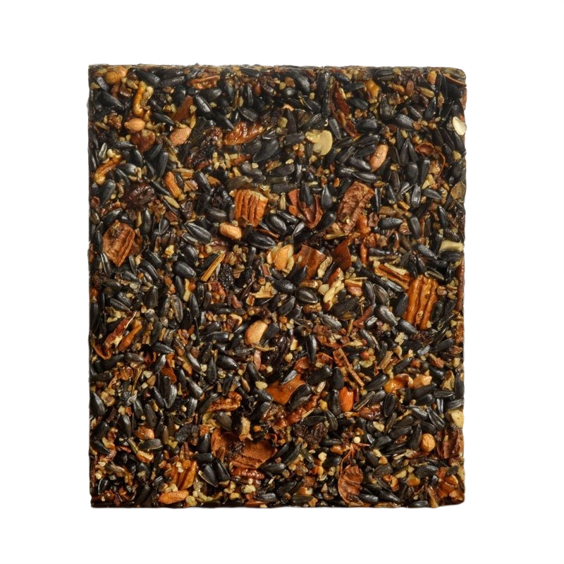 Large seed cake with mixed nuts and sunflower seeds designed to attract woodpeckers for outdoor feeding