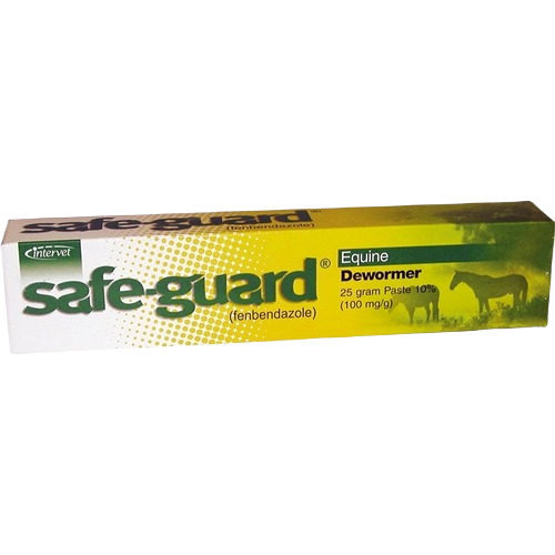 Green and white box of Safe-Guard Equine Dewormer paste with horse graphics for veterinary use