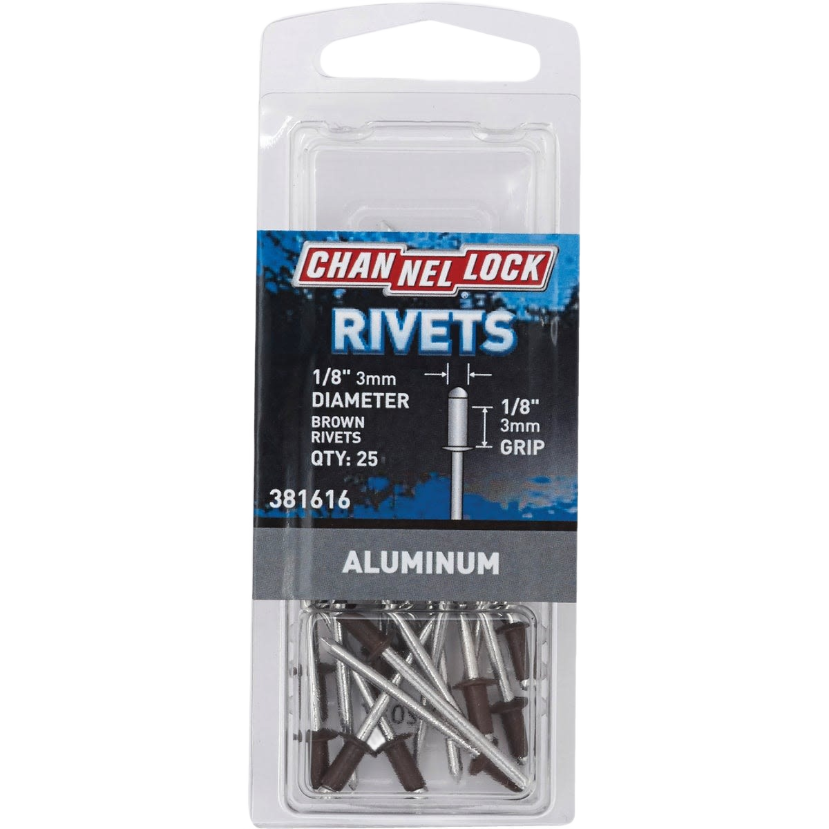 Package of brown aluminum pop rivets with 1/8 inch diameter and 25 pieces for tools and home improvement projects