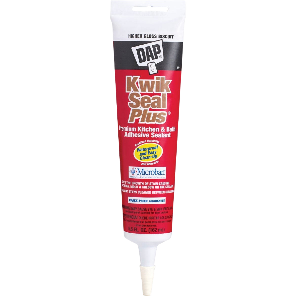 Tube of DAP Kwik Seal Plus biscuit-colored adhesive sealant for kitchen and bath with waterproof and mildew protection