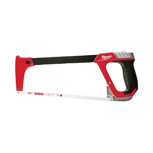 Red and black high tension hacksaw with ergonomic grip for home improvement and tool use