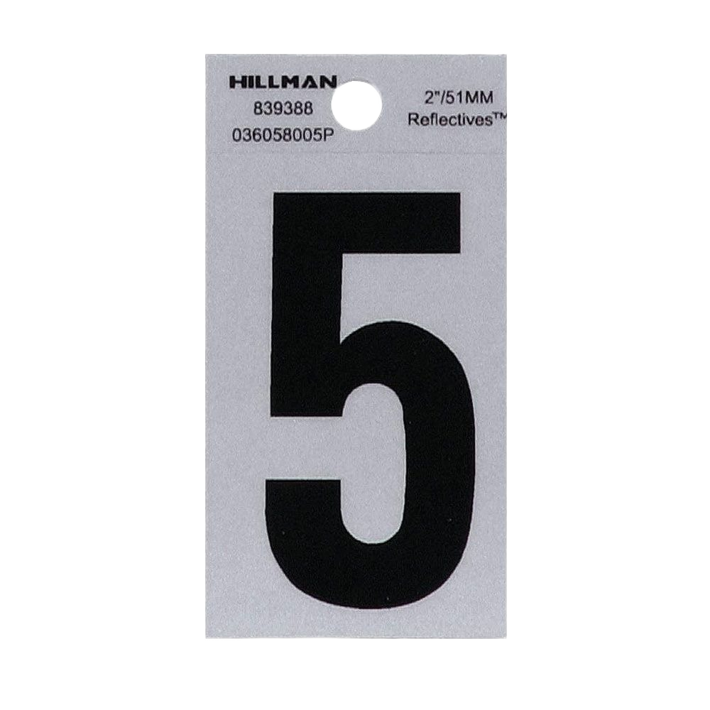 Black adhesive house number 5 with silver reflective backing for home improvement and outdoor use