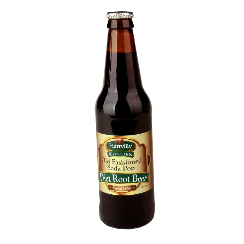 Brown glass bottle of old-fashioned diet root beer soda with vintage-style label and metal cap