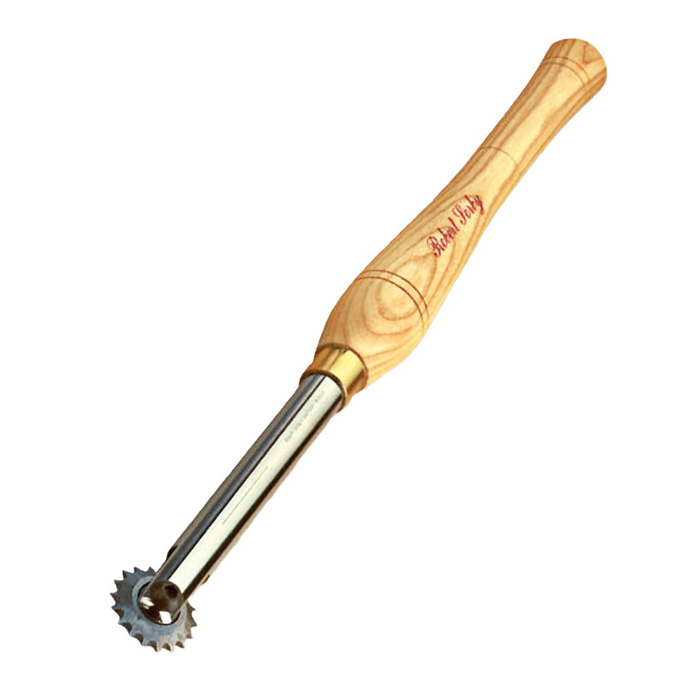 Wood-handled texturing tool with serrated metal wheel for detailed woodworking and home improvement projects