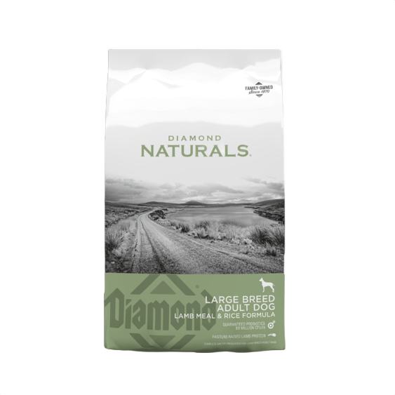 Bag of Diamond Naturals dry dog food for large breed adult dogs with lamb meal and rice formula design