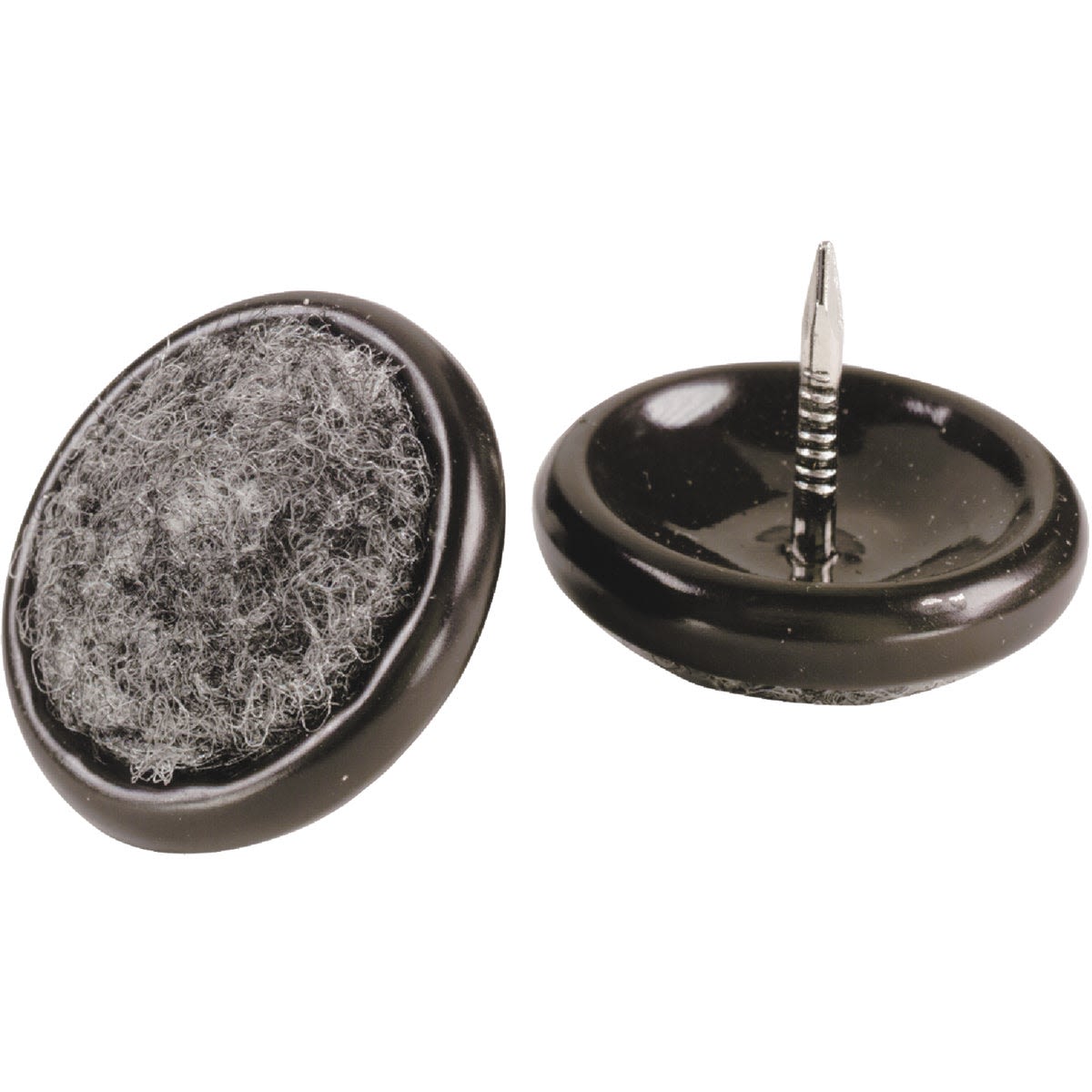 Round black nail-on carpet glides with felt pads for protecting floors during home improvement projects, 4-pack.