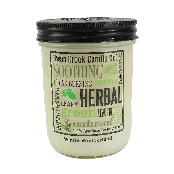Glass jar candle with black lid featuring natural herbal scent labels from Swan Creek Candle Co.