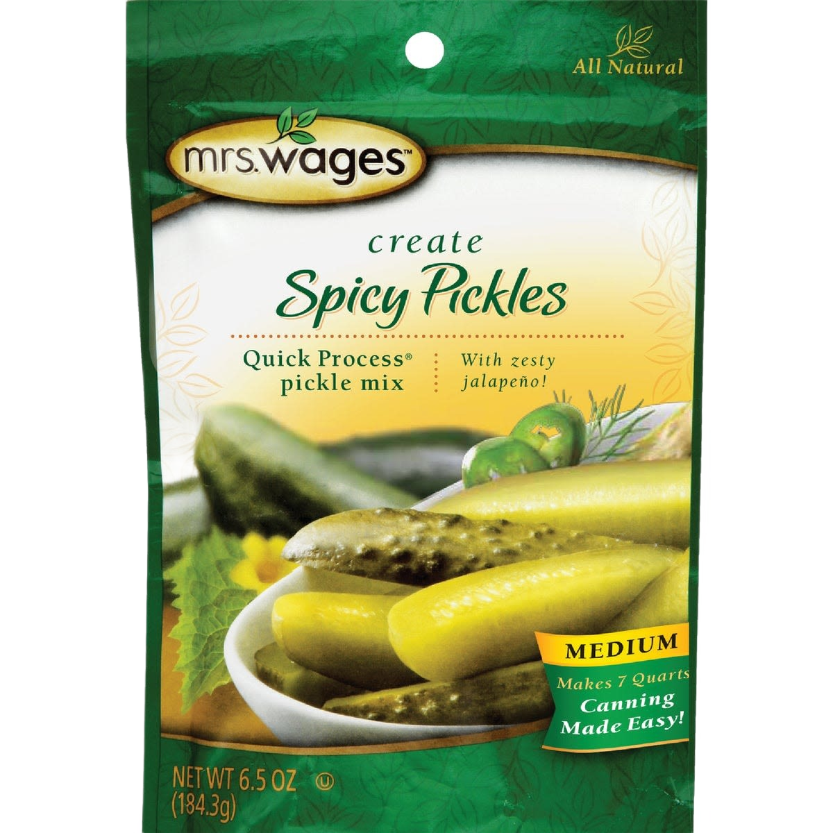 Green and yellow pouch of spicy pickling mix featuring pickles and jalapeño for medium heat homemade pickles