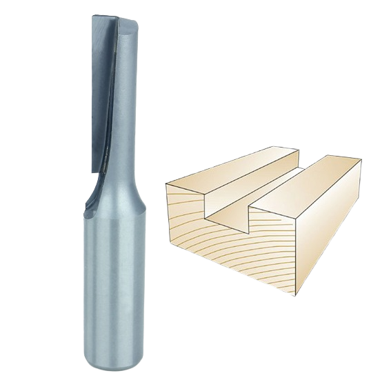 Straight single flute router bit with metal shank alongside a wood groove cut for woodworking and home improvement tasks