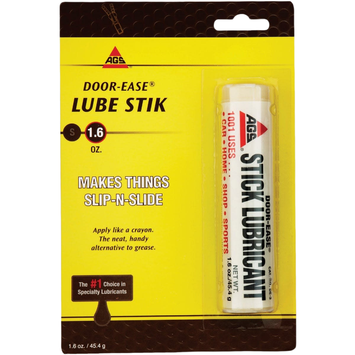 Yellow and black packaged multi-purpose lubricant stick for automotive and home improvement use in tools collections