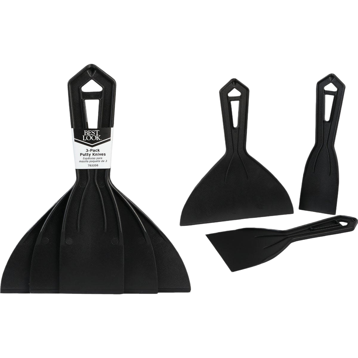 Set of three black plastic putty knives with ergonomic handles for tools and home improvement tasks