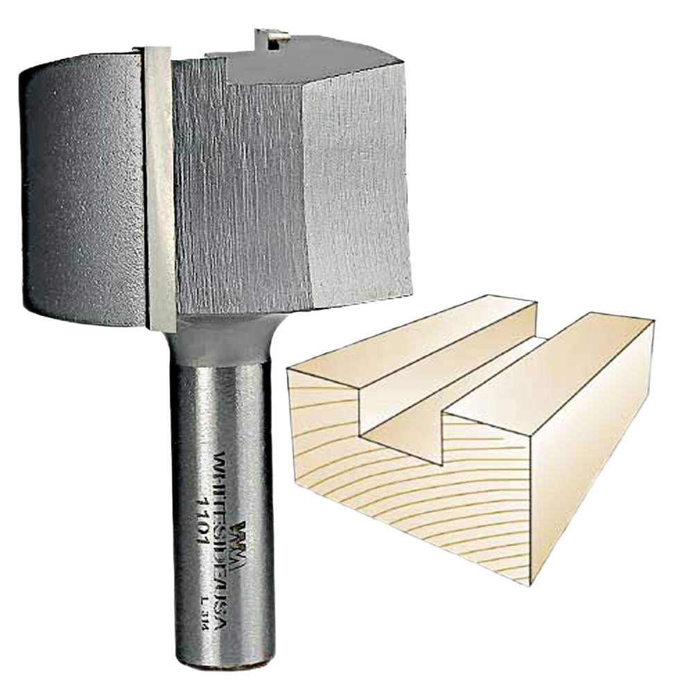 Close-up of a steel straight router bit for woodworking with an illustration of a grooved wood cut under $100 tools collection