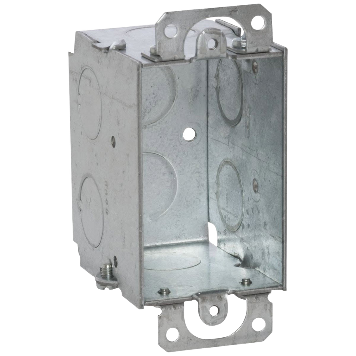 Galvanized steel 1-gang conduit wall box with mounting brackets for electrical installations in home improvement projects