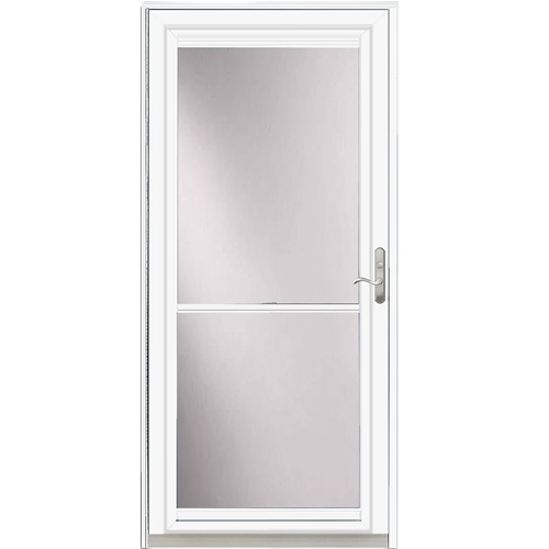 White storm door with screen vent and brushed metal handle for home improvement projects