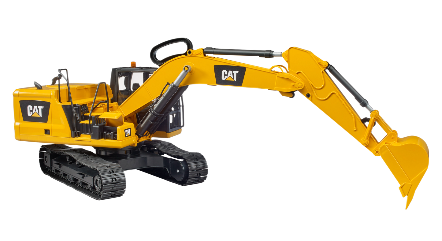Yellow CAT excavator model with detailed tracked base and articulated arm for realistic construction play