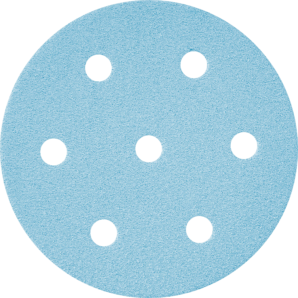 Light blue 90mm sanding disc with seven holes for dust extraction, designed for power tool abrasive applications.