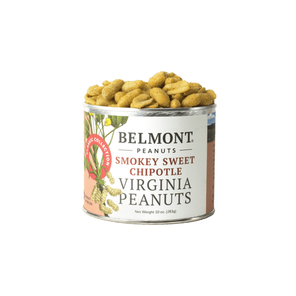 Open can of Belmont Virginia peanuts seasoned with smoky sweet chipotle flavor in food and beverage snacks collection
