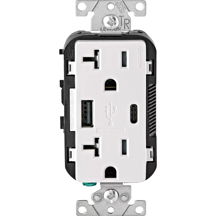 White electrical outlet with two AC sockets and dual USB ports including USB-C for home improvement use