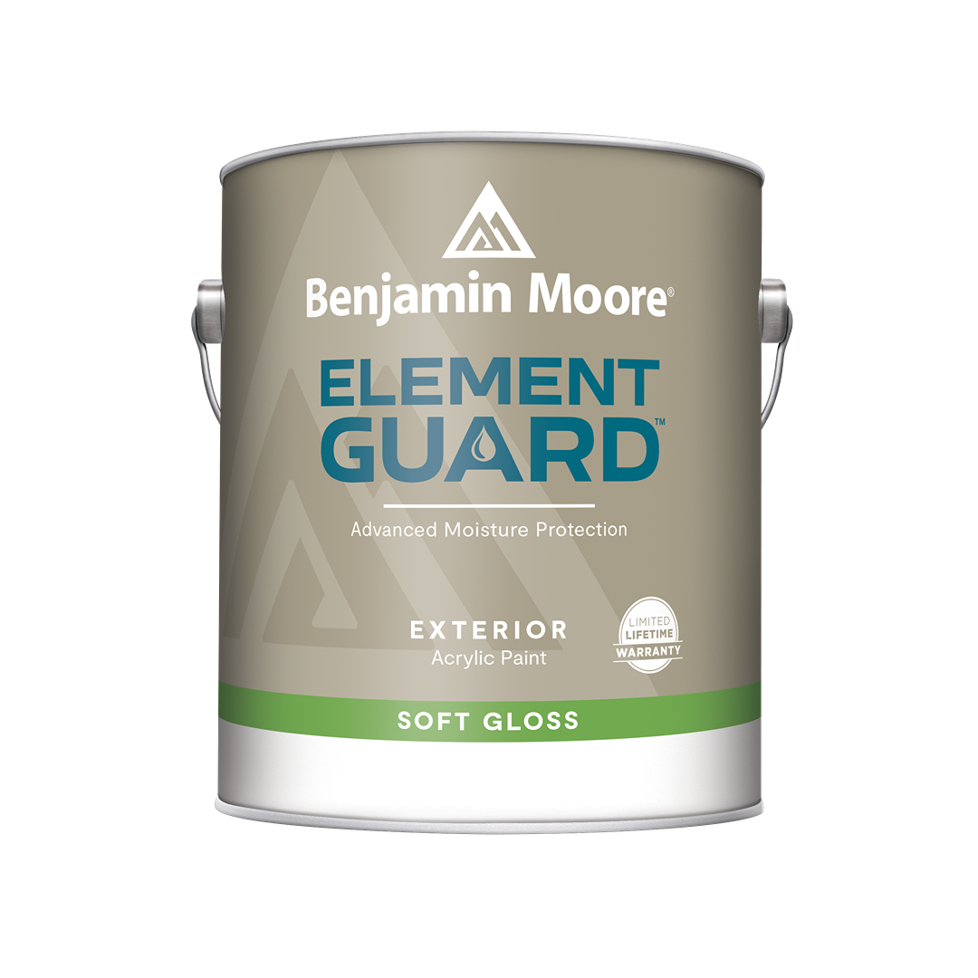 Benjamin Moore Element Guard soft gloss exterior acrylic paint can for home improvement projects