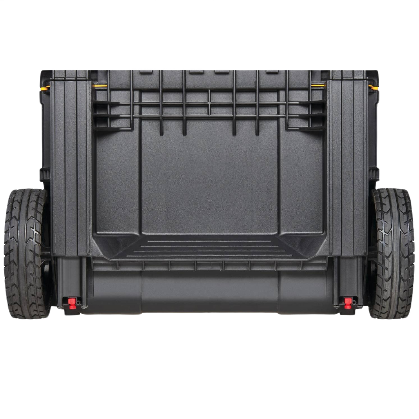 Bottom view of black rugged rolling toolbox with large durable wheels for jobsite tool storage and workshop organization