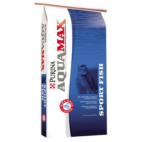 Bag of Purina Aquamax fish feed with blue and white design featuring sport fish illustration and product branding