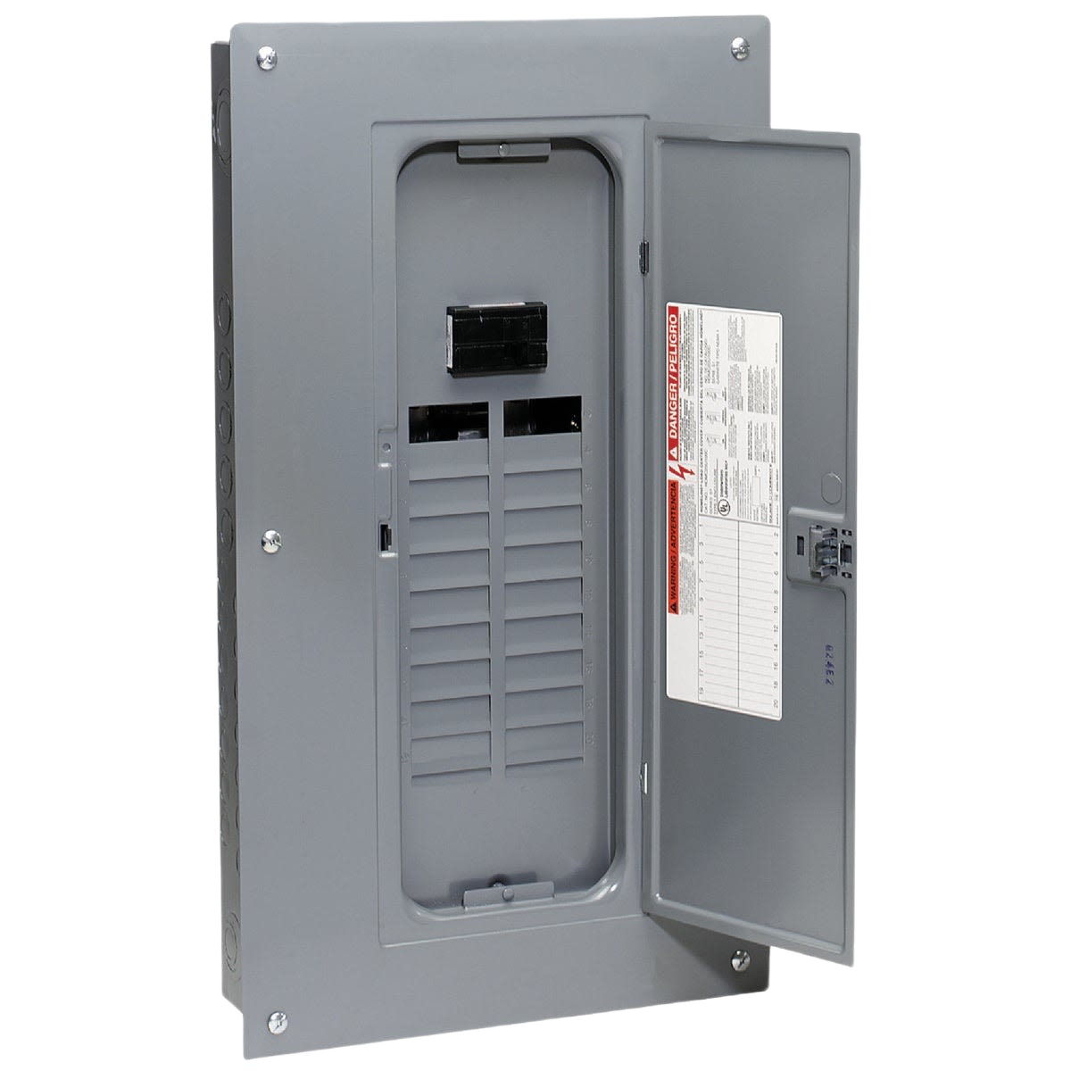 Gray metal electrical load center with open door and circuit breaker slot for home improvement use