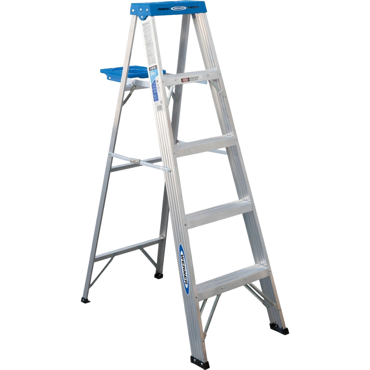 Aluminum step ladder with blue top platform and slip-resistant feet for safe use in home improvement projects