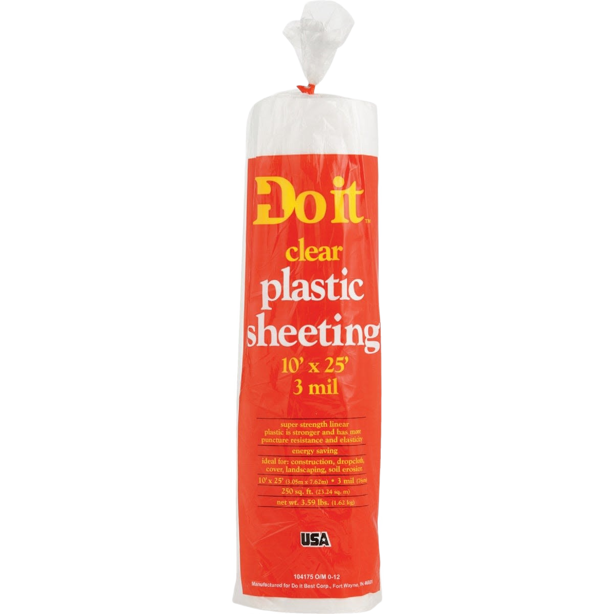 Roll of clear plastic sheeting measuring 10 by 25 feet for home improvement and construction tasks