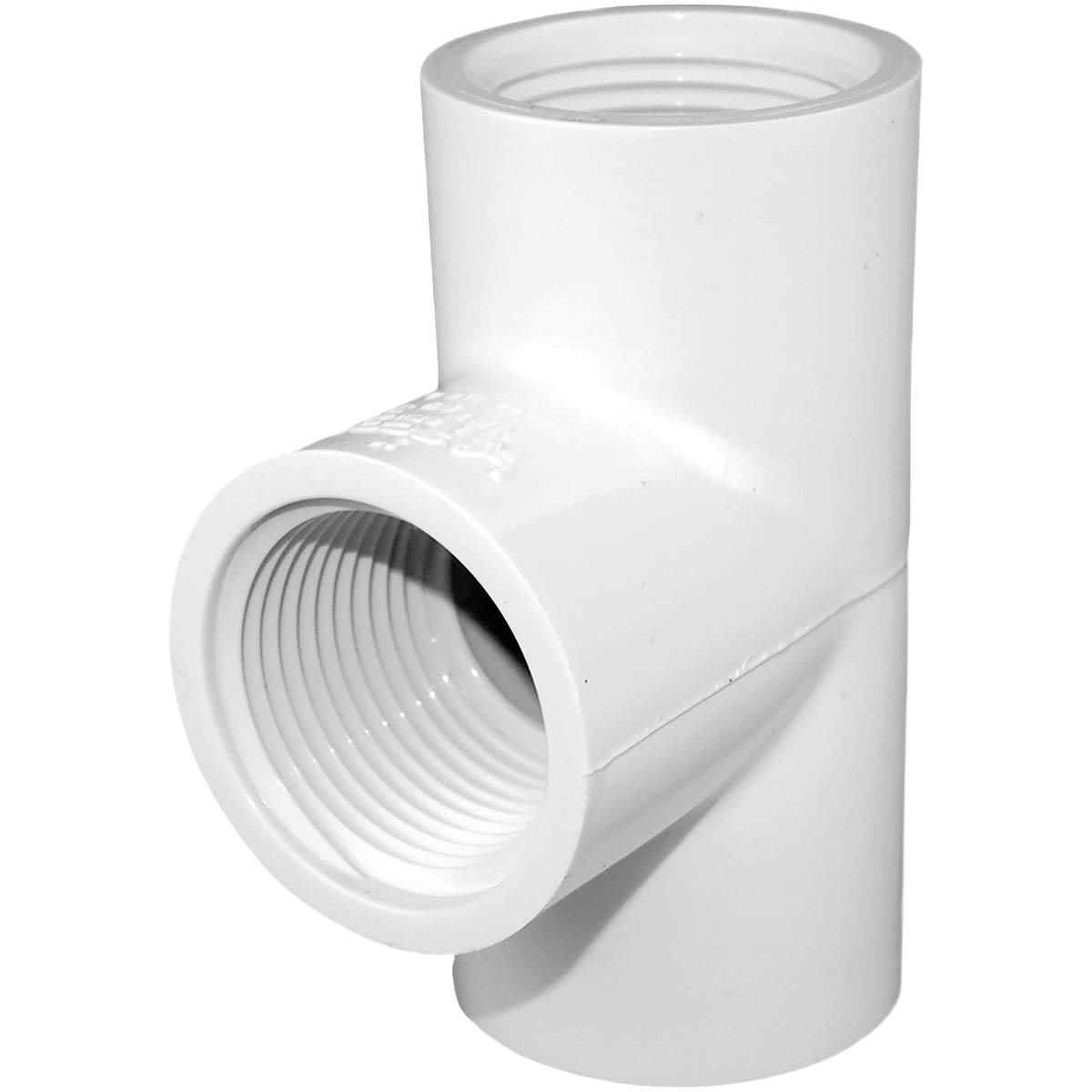 White PVC tee fitting with female threaded ends for pipes in plumbing and home improvement collections under $50