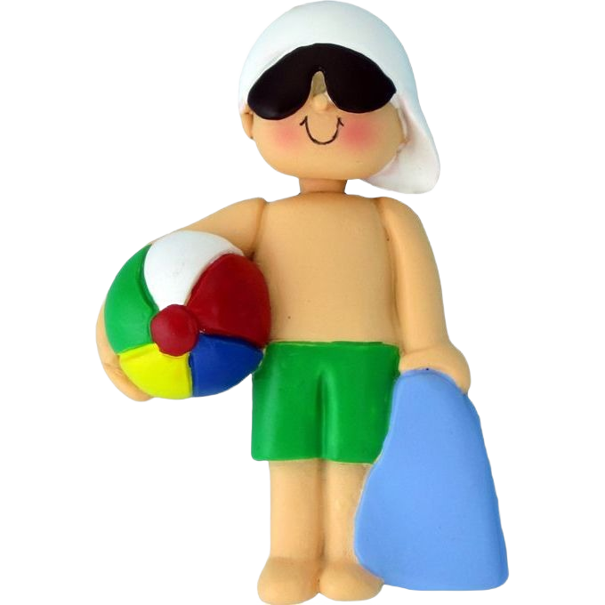Boy figurine ornament wearing white cap and green shorts holding a colorful beach ball and blue swim fin for Christmas décor under $50