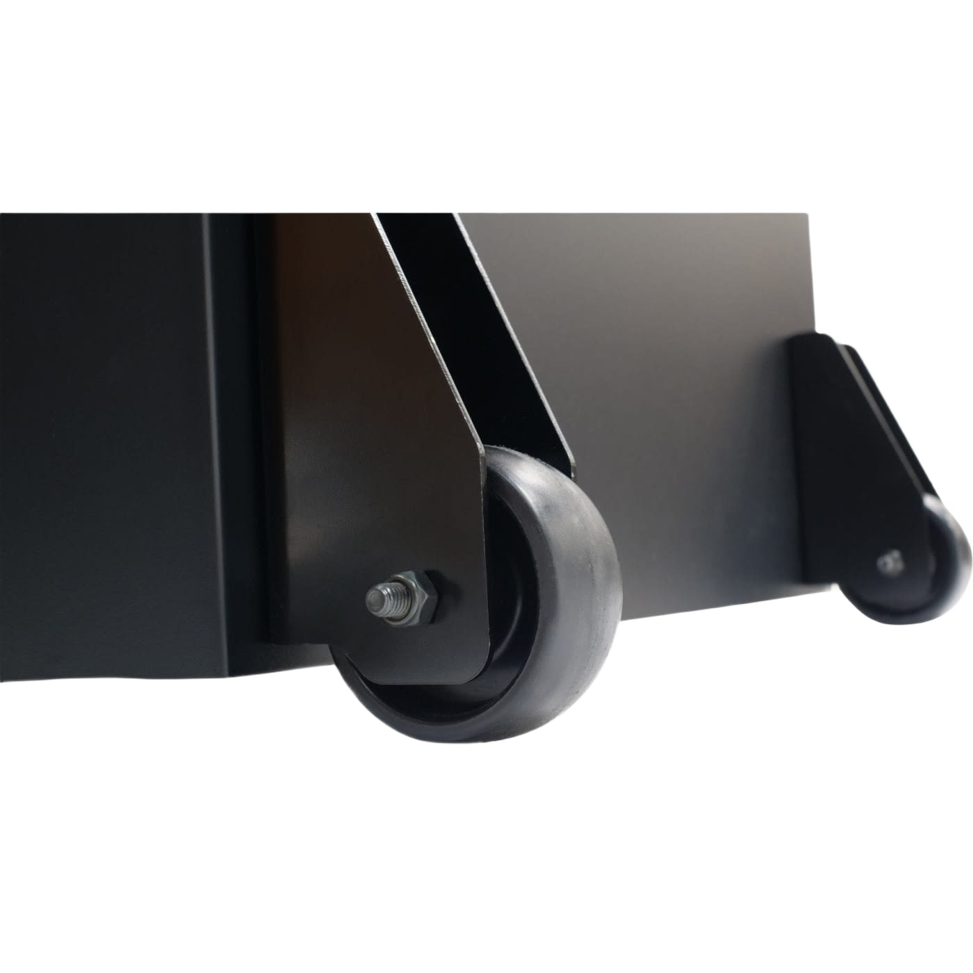 Close-up of black wheels attached to metal frame for power tool mobility in home improvement and saw accessories collections