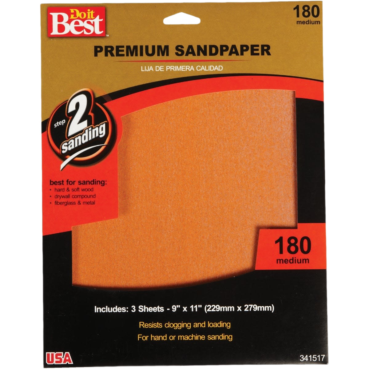 Package of medium grit premium sandpaper sheets for sanding wood, drywall, fiberglass, and metal in home improvement projects