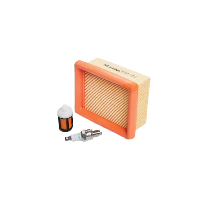 Orange-framed air filter, fuel filter, and spark plug for STIHL blower and sprayer maintenance kit from Parts & Lubricants