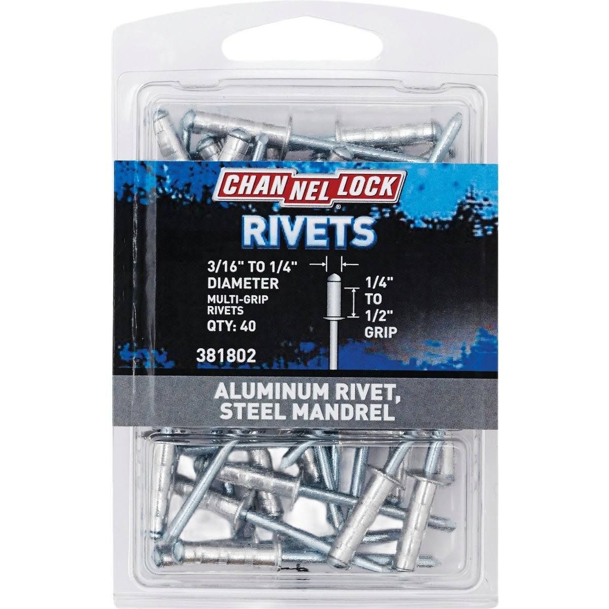 Package of aluminum multi-grip rivets with steel mandrel for tools and home improvement projects