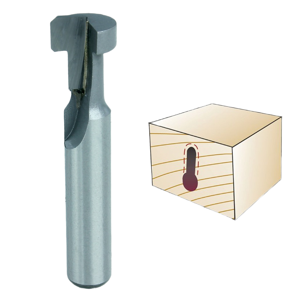 Precision keyhole router bit for creating concealed wall-mounting slots in woodworking, part of power tool accessories.