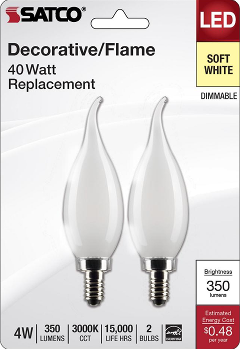 Two frosted LED flame-shaped bulbs with small screw bases, soft white light, suitable for home improvement lighting.