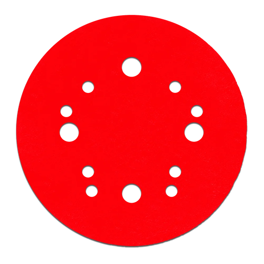 Red 5-inch hook and lock sanding disc with multiple dust extraction holes for power tool accessories and abrasives collection