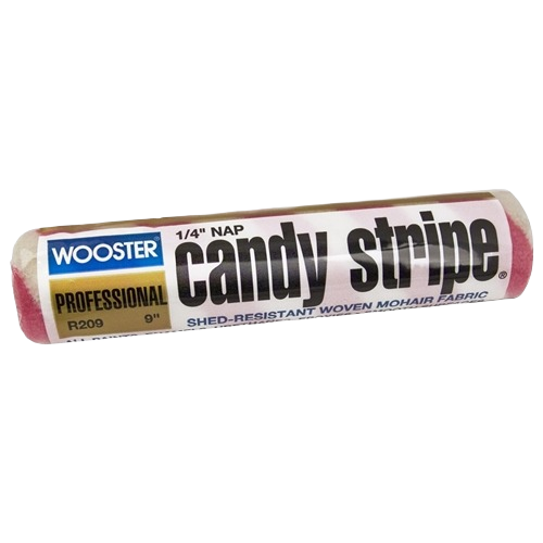 Professional 9-inch candy stripe paint roller cover with 1/4 inch nap, made from shed-resistant mohair fabric for smooth finishes.