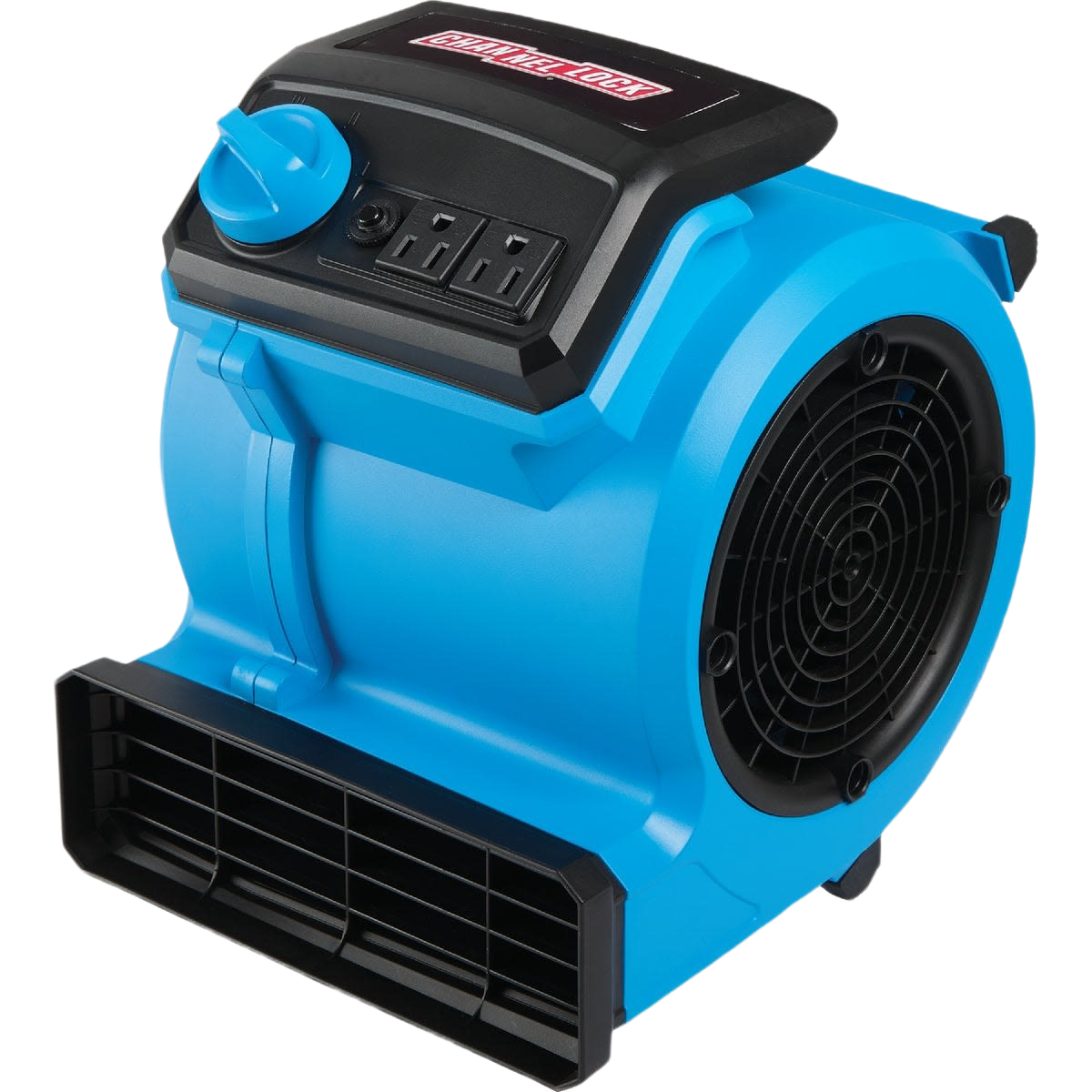 Compact blue air mover blower fan with black grille and dual power outlets for efficient drying and ventilation tasks