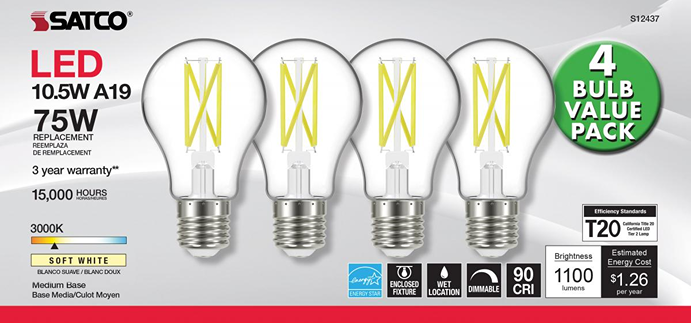 Four clear LED A19 bulbs with medium bases, soft white light, energy-efficient replacement for 75W incandescent bulbs under $50 collections