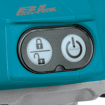 Close-up of power and lock buttons on blue cordless compact router for tools and home improvement tasks