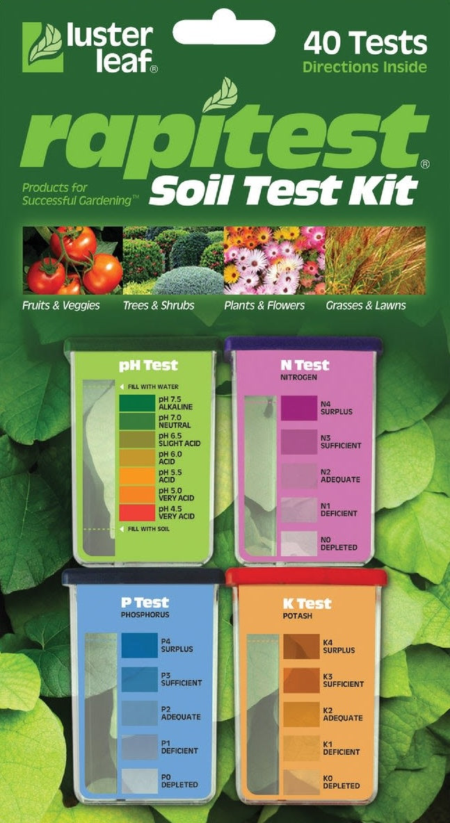 Four plastic soil test kits for pH, nitrogen, phosphorus, and potash measurement for lawn and garden care collections